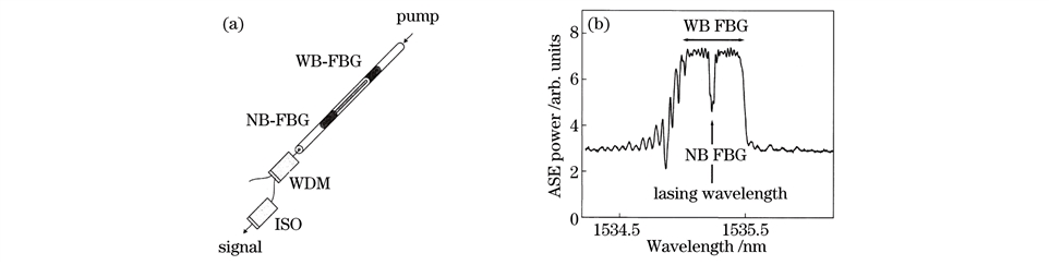 图２ １５３５nm 窄线宽激光器.(a)激光器结构图;(b)未达阈值时的 ASE图谱