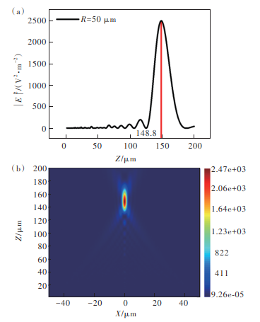 图 13 半径50μm 超透镜Z方向焦平面。（a）分布曲线；（b）仿真2D图。