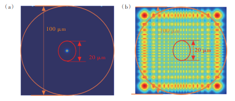 图 15 探测器平面监视器所获得的远场分布图，橙色圆圈表示输入光源区域，红色圆圈表示探测器的有效吸收区域。（a）集成超透镜时的光强分布图；（b）未集成超透镜时的光强分布图。